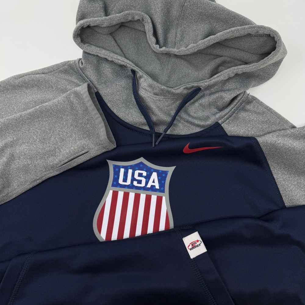 Nike USA Hockey Dri-FIT Hoodie Womens Large Navy Gray Raglan Pullover Thumbholes